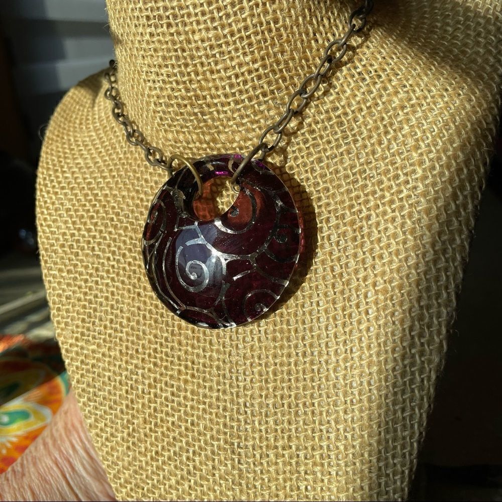 HANDMADE PURPLE GLASS pendant silver swirl inlays